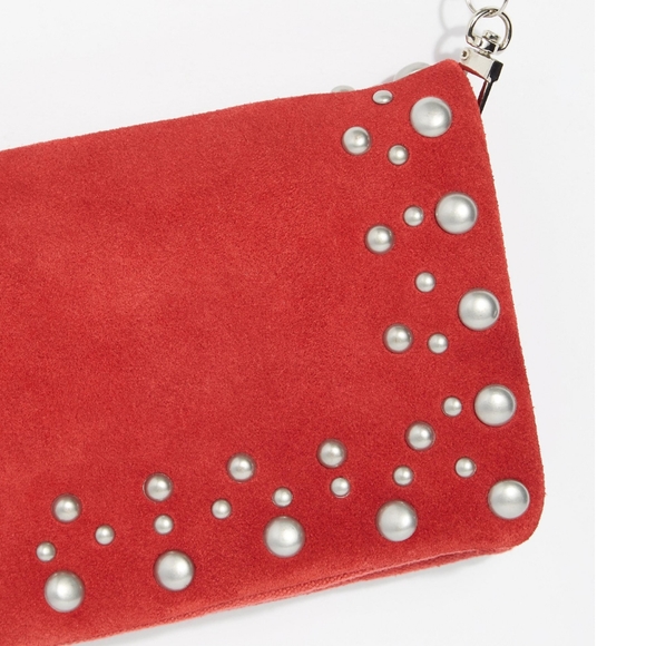 Free People Kingston Ruby Red Suede Silver Studs & Chain Strap Crossbody Bag NWT - Picture 7 of 8